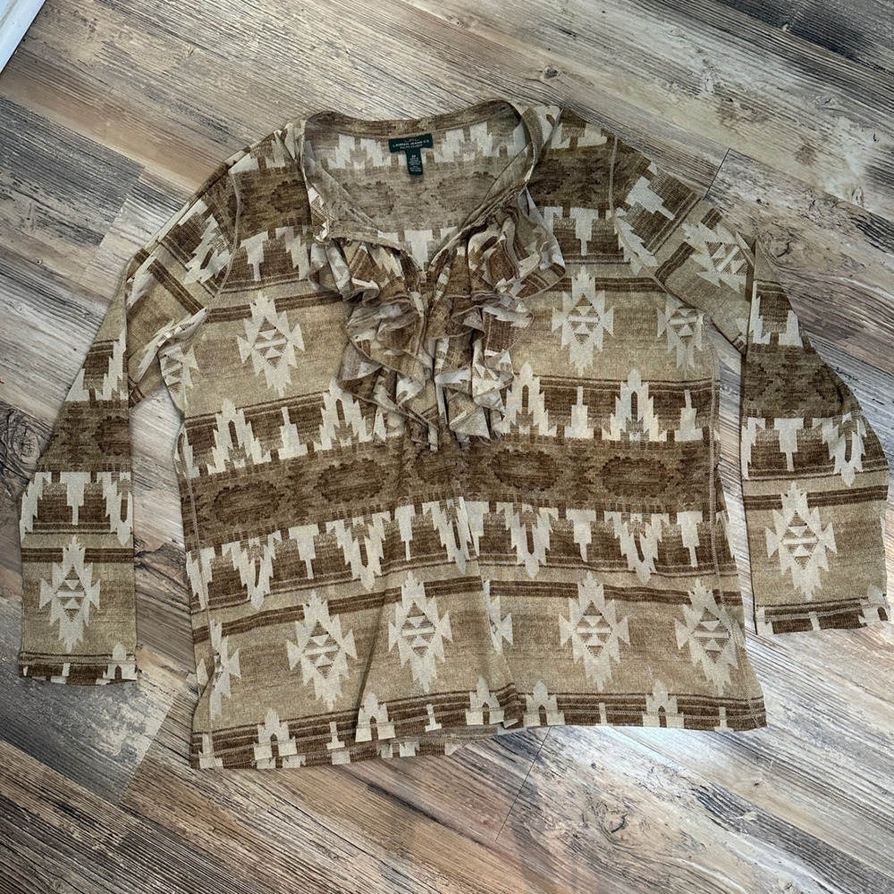 Lauren Ralph Lauren Southwestern Ruffle Aztec Jabot Top Brown Geometric Mesh 2X